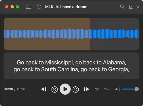 SubSeeker playing an audio file with subtitles displayed below the waveform