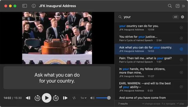 SubSeeker searching for 'your' across multiple files with results from JFK Inaugural Address and other recordings
