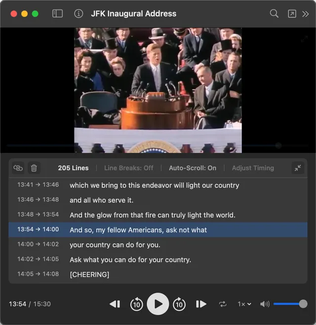 SubSeeker playing a video of the JFK Inaugural Address with an interactive transcript showing timestamped lines below