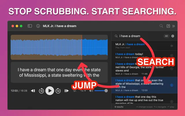 SubSeeker search panel showing search results for 'I have a dream' across a speech, with clickable timestamps