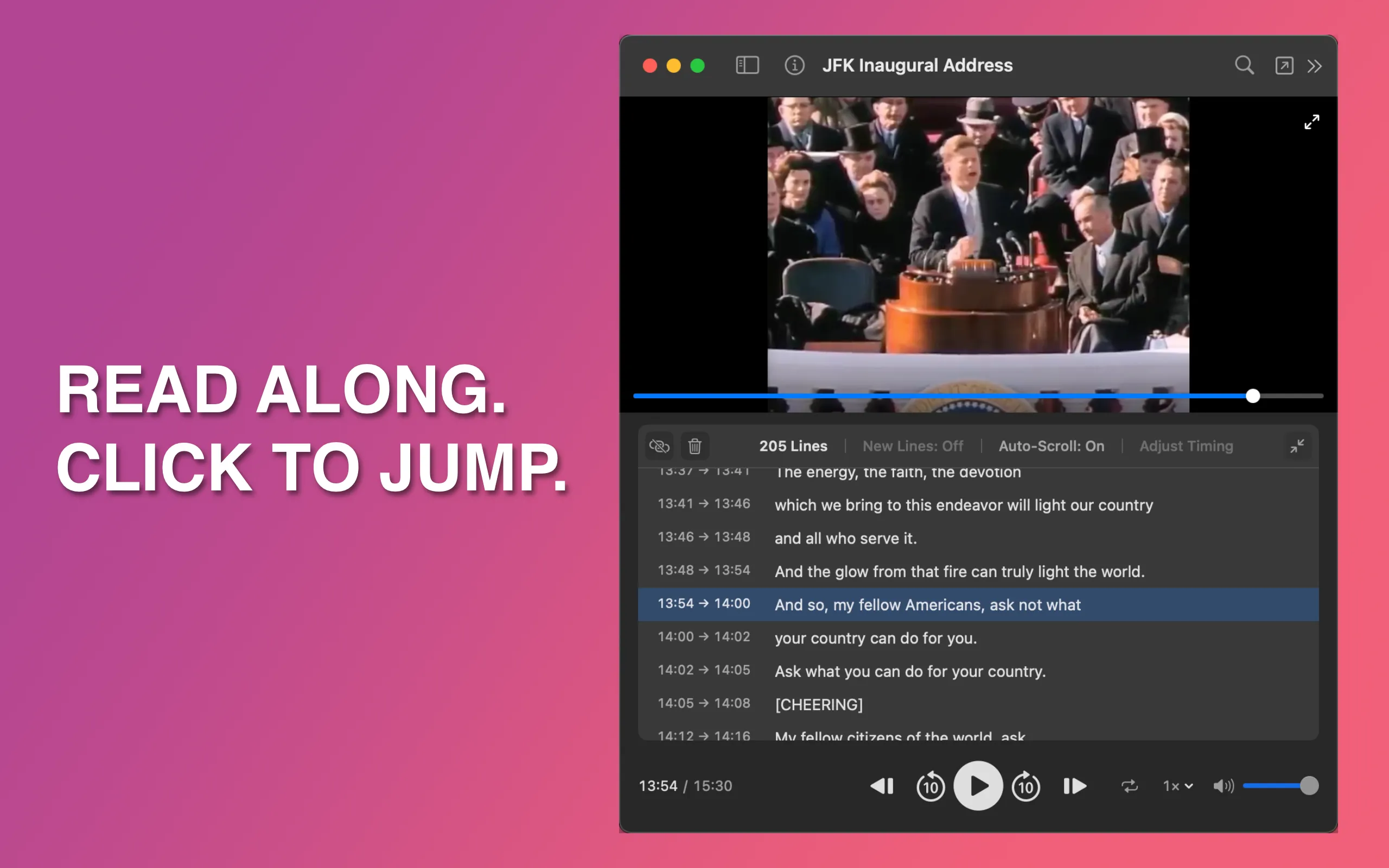 SubSeeker video player with auto-scrolling subtitles and JFK's Inaugural Address playing