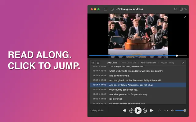 SubSeeker video player with auto-scrolling subtitles and JFK's Inaugural Address playing