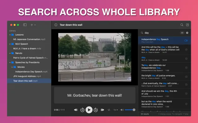 SubSeeker library view with search results spanning multiple files from different speeches