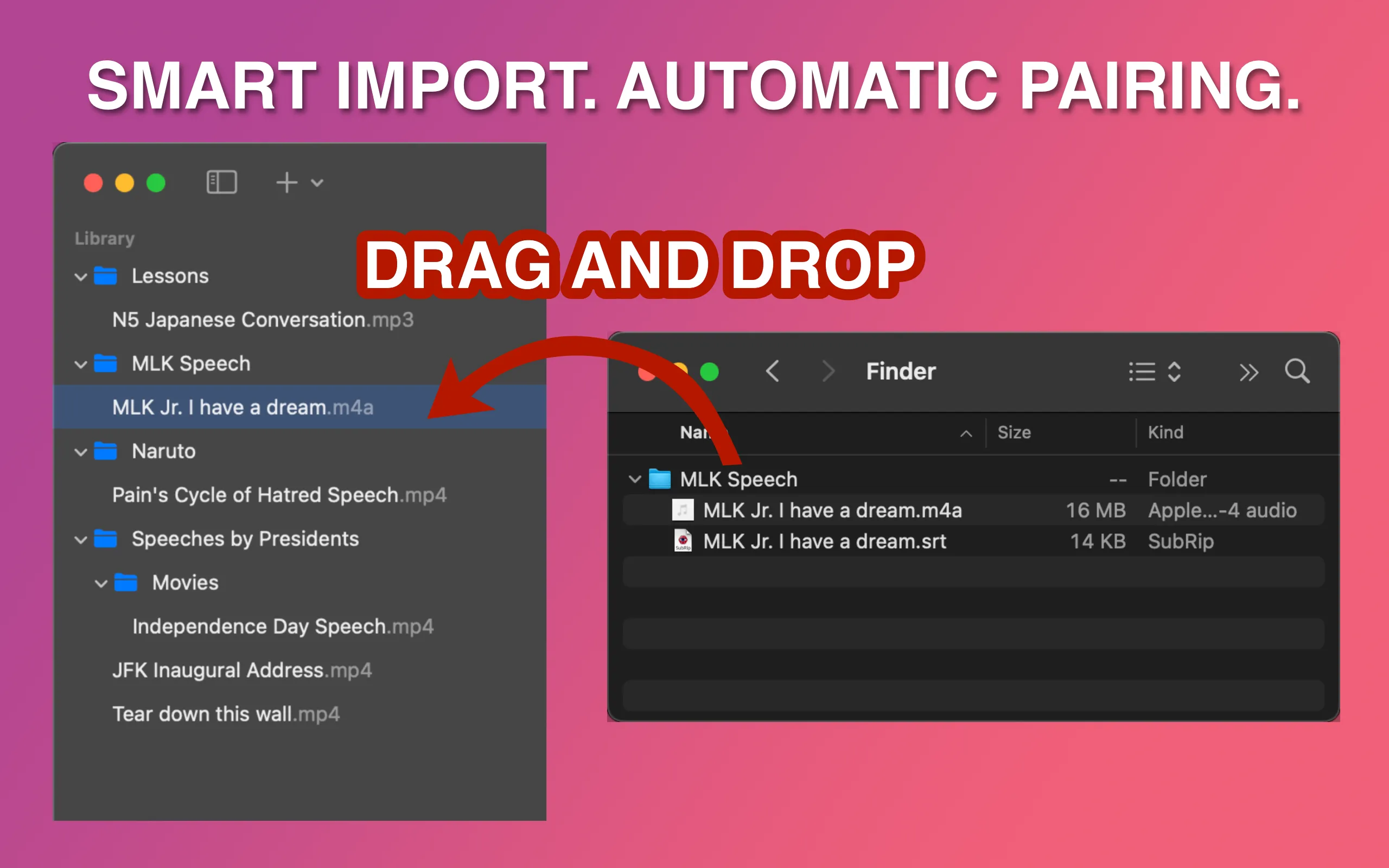 Drag and drop import from Finder into SubSeeker with automatic subtitle file pairing