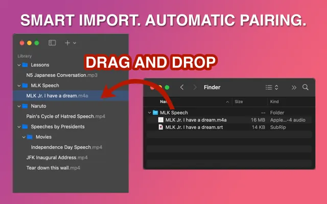 Drag and drop import from Finder into SubSeeker with automatic subtitle file pairing