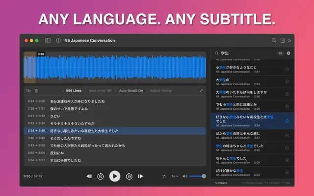 SubSeeker playing a Japanese conversation with Japanese subtitle search results